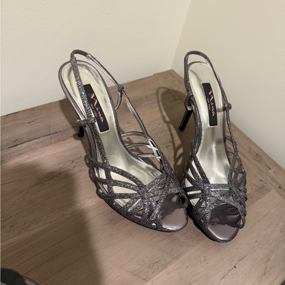 Metallic Gray Strappy Heels